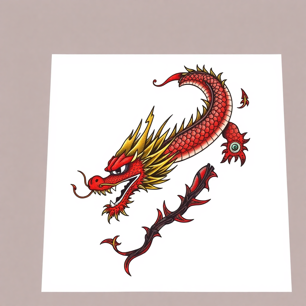 Fierce Neo-traditional dragon tattoo design featuring red, black, and gold colors, large, solid white background
