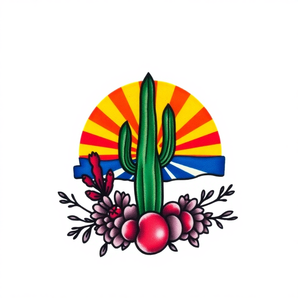 Traditional tattoo design featuring a cactus, Arizona sunset, and elements of the Arizona state flag on a white background.