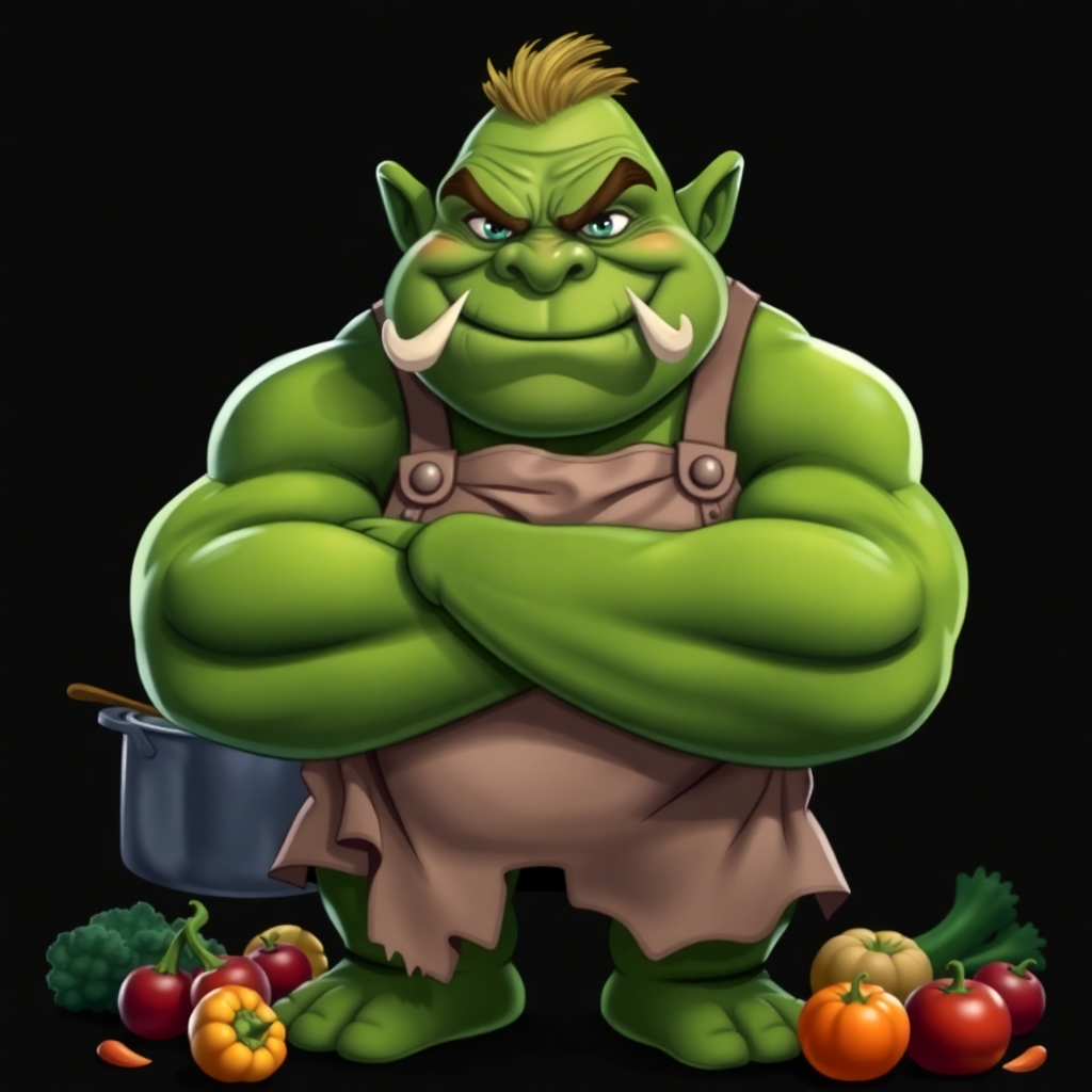Grumble, the cartoon ogre with green skin and large tusks, smiles gently while cooking stew in a vibrant kitchen setting.