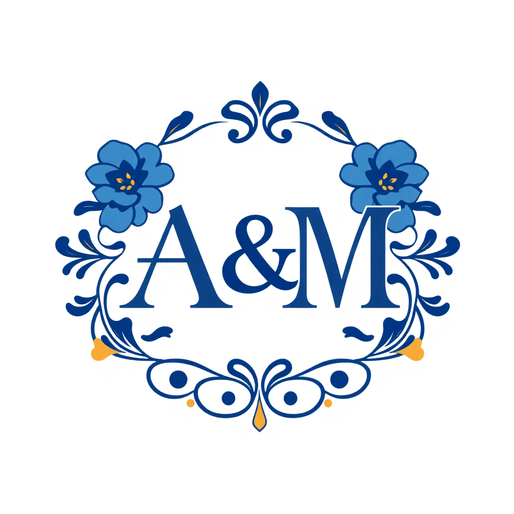 Elegant blue and gold "A & M" wedding logo with floral elements on a white background, perfect for personalized wedding branding.