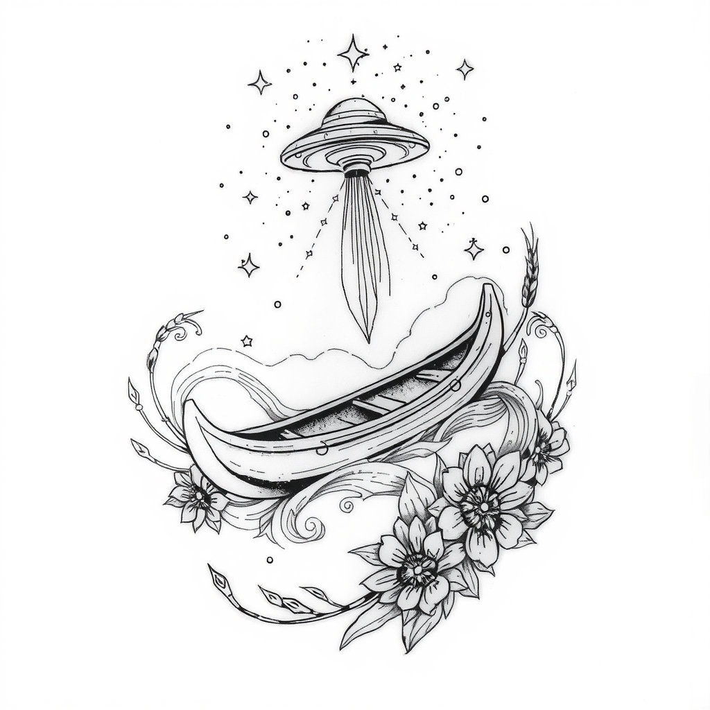 Black and white full belly tattoo design featuring rye flowers, water motifs, a canoe, and a UFO against a starry sky.