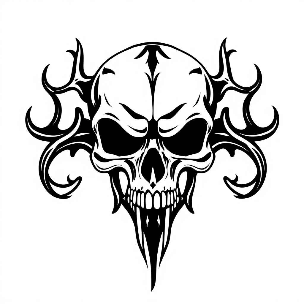 Tribal style black and white skull tattoo, medium size, solid white background 