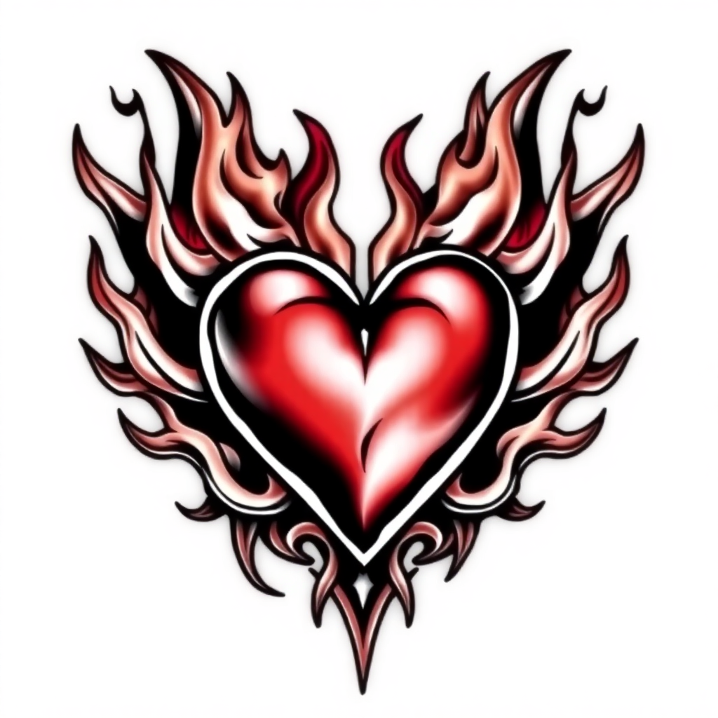 Medium-sized "Heart in Flames" tattoo design featuring Gothic elements and detailed flames, ideal for gothic tattoo inspiration.