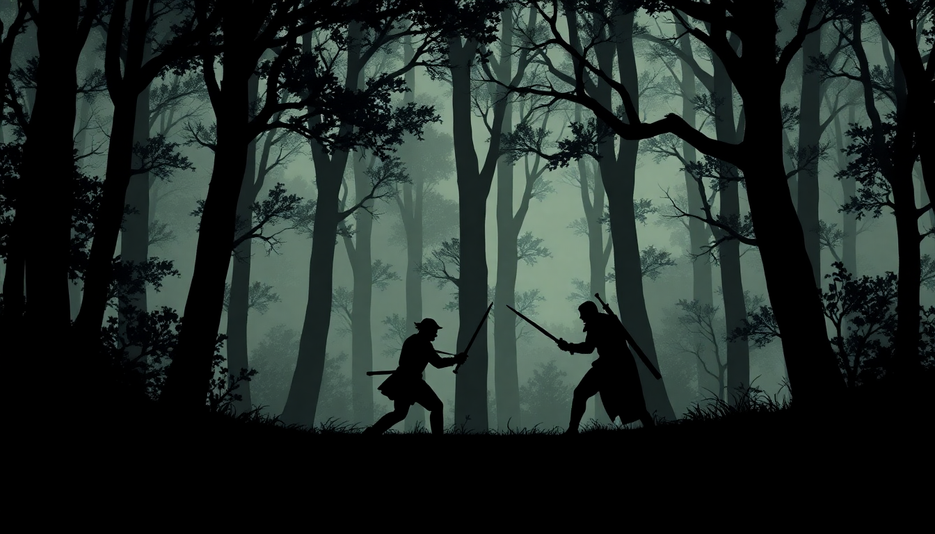 Dramatic pixel art landscape featuring a duel between two silhouetted figures in a shadowy forest, perfect for pixel art backgrounds.