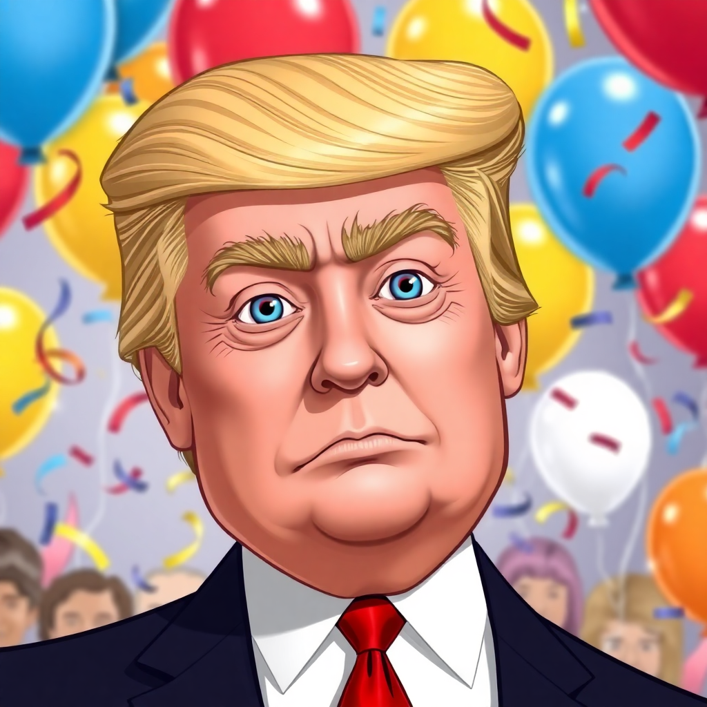 Cartoon character resembling Donald Trump, with blue eyes and exaggerated hairstyle, celebrates a presidential win amid balloons and confetti.