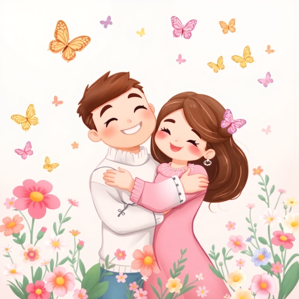 Cute cartoon couple hugging in a cozy, flower-filled setting, surrounded by butterflies, radiating romance and joy.