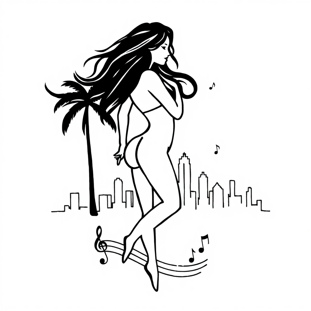 Minimalist black and white tattoo featuring the LA skyline, a hot woman, palm tree, and musical notes on a solid white background.