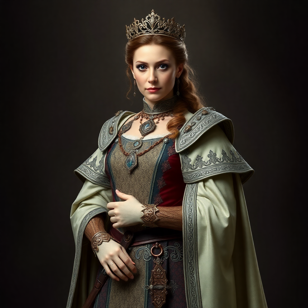 Regal woman named Anne, a poised Queen and Swordmaster, exuding grace, authority, and resilience in elegant attire.