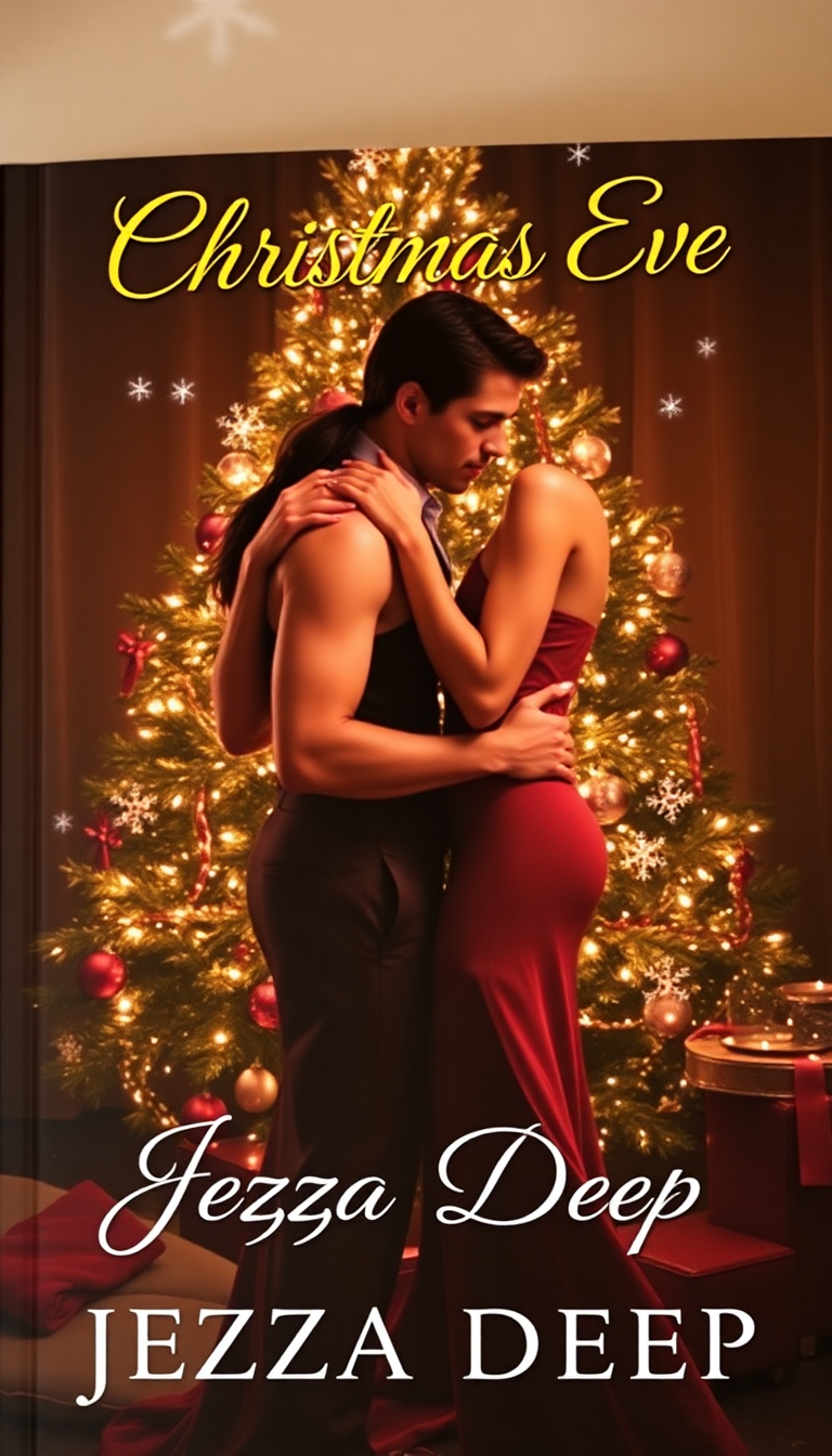 Sensual holiday romance novel cover featuring a couple embracing by a glowing Christmas tree, with festive accents and soft snowflakes.