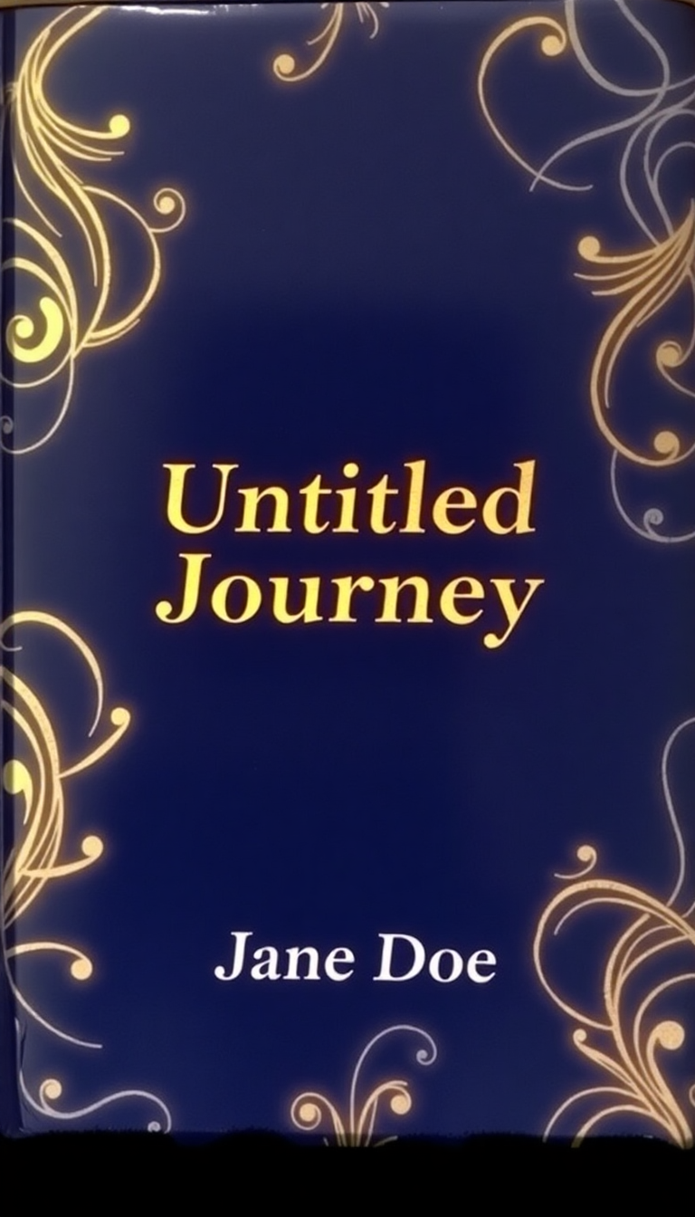 Elegant hardcover book cover featuring navy blue background with gold and silver abstract patterns, titled "Untitled Journey" by Jane Doe.