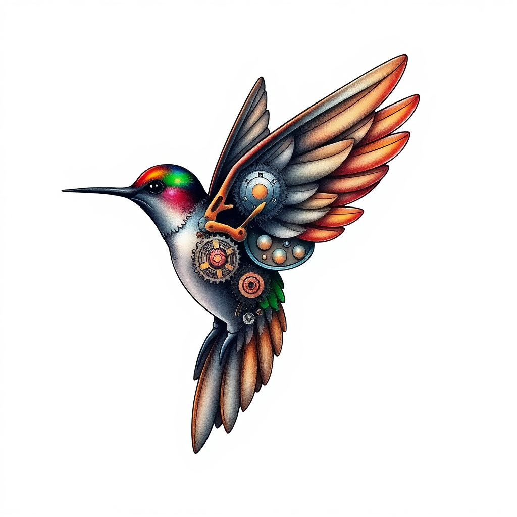 Intricate biomechanical hummingbird tattoo design with gears and metallic feathers, showcasing nature's beauty in a dynamic flight pose.