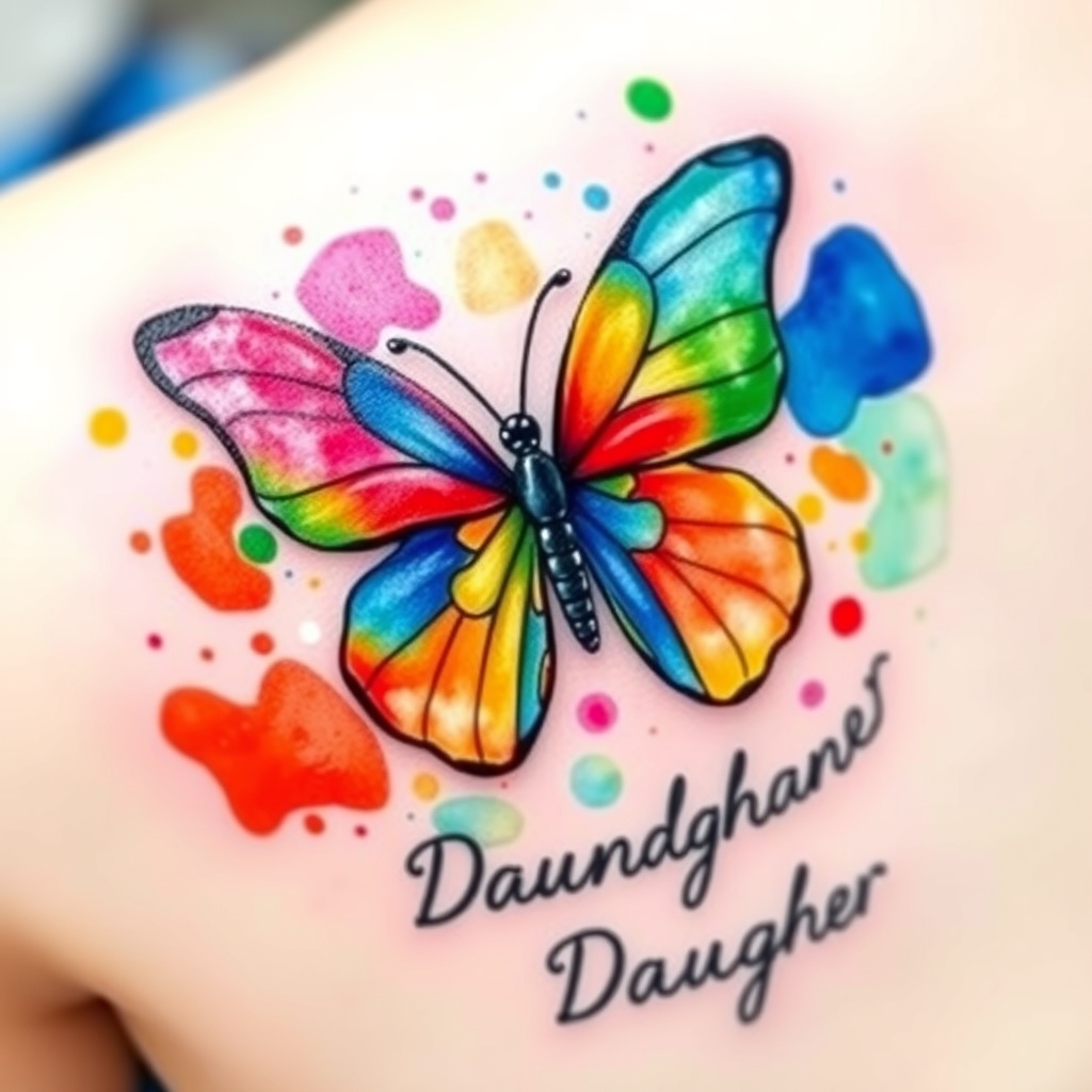 Vibrant watercolor tattoo design featuring a colorful puzzle piece and butterfly, symbolizing autism awareness for daughters.