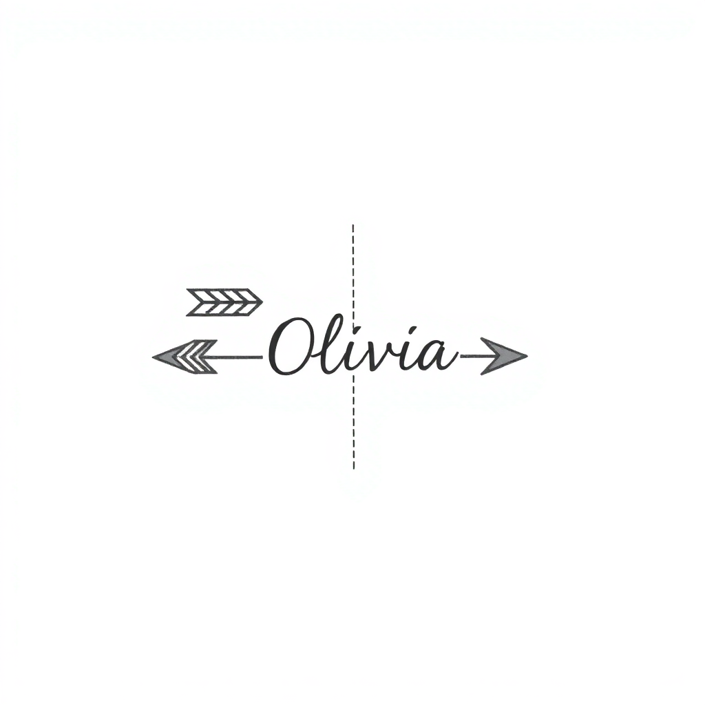 A small modern arrow tattoo design incorporating geometric shapes with the name "Olivia" on a solid white background.
