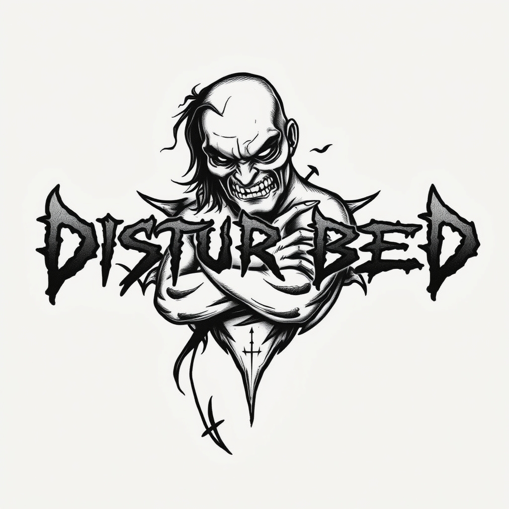 Disturbed-themed tattoo design featuring The Guy character intertwined with the Disturbed logo in black and white on a solid white background.