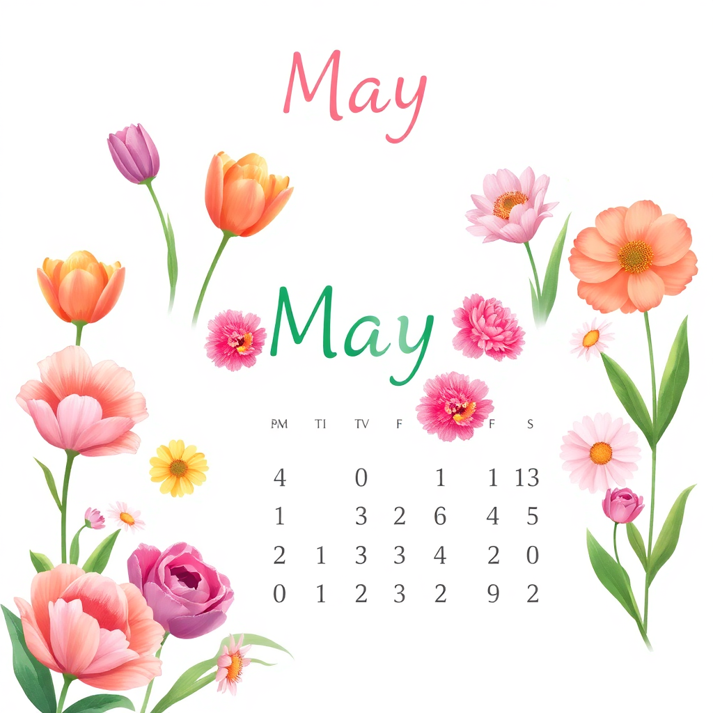 Floral May calendar illustration featuring vibrant tulips, daisies, and peonies, with dates in delicate frames on a pastel background.