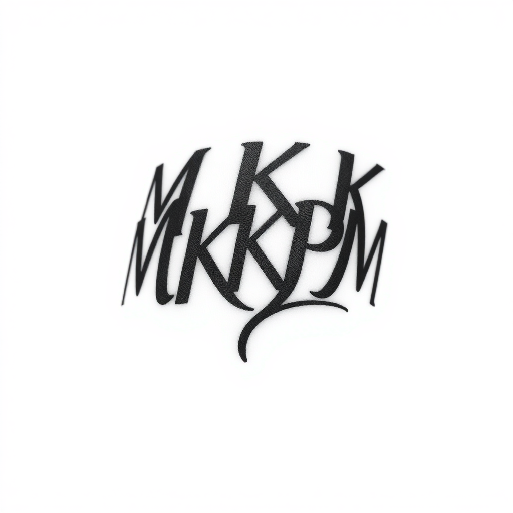 Stylized black and grey shadow tattoo design of MKKPM letters with intricate details, perfect for forearm placement.