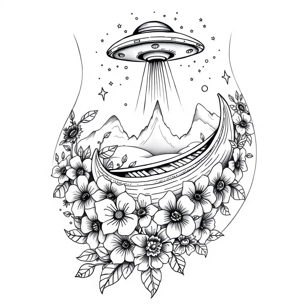 Intricate black and white tattoo design for a woman's belly, featuring floral, marine, and space themes with a canoe and UFO.