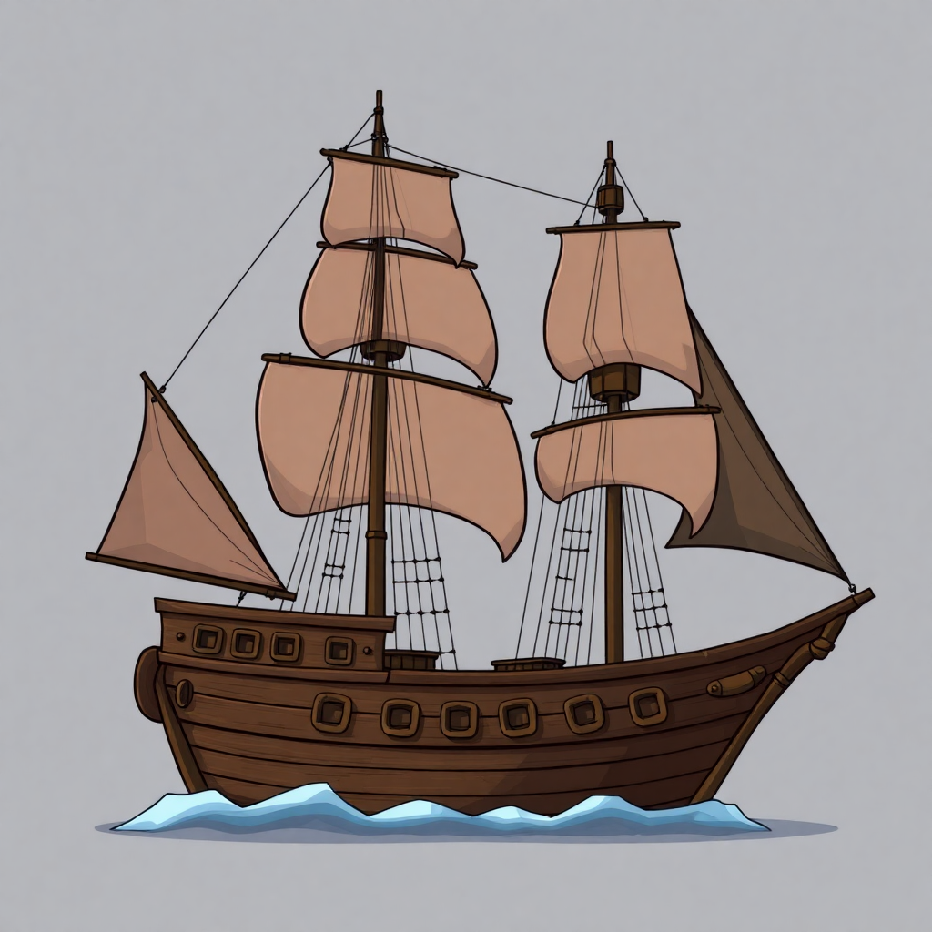 Cartoon depiction of the rugged pirate ship "Silvanesti," featuring dark oak color, broken mast, and elegant metal lining.