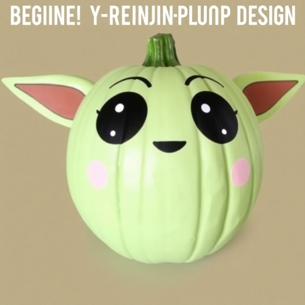Cute Baby Yoda pumpkin painted light green with Grogu's face, large eyes, and ears, perfect for easy pumpkin painting ideas.