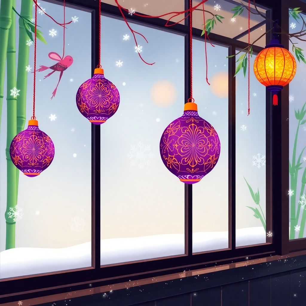 Festive Christmas window painting at a Japanese restaurant, featuring purple and orange ornaments with intricate patterns and bamboo elements.