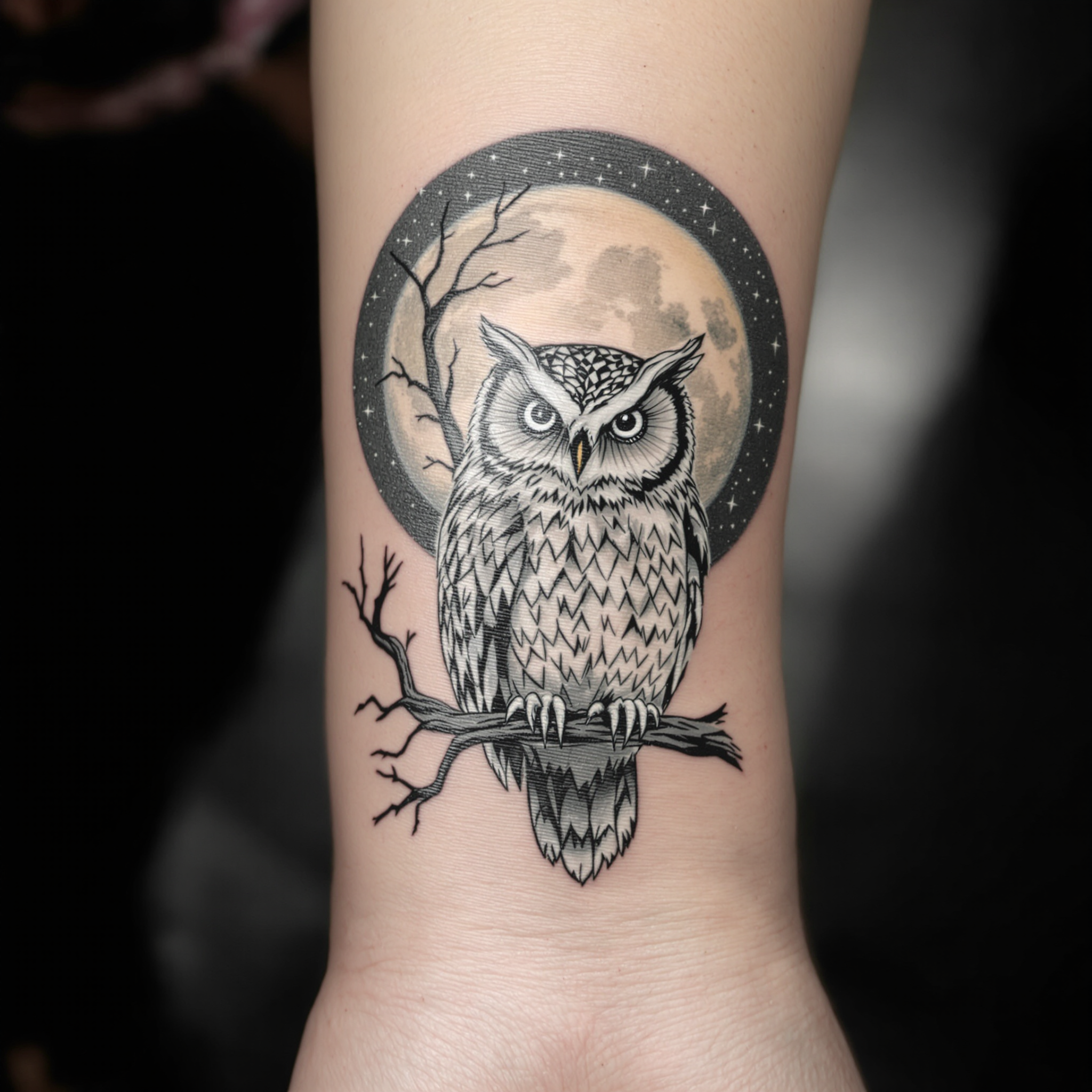 Realism tattoo of a detailed owl on a wrist, with a full moon backdrop, embodies the essence of small Halloween tattoos.
