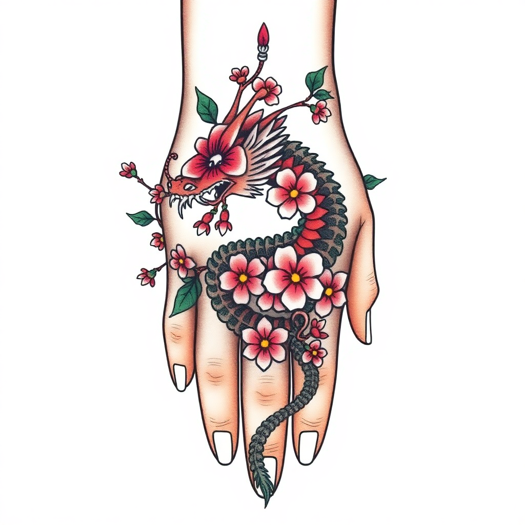 Vibrant traditional Japanese hand tattoo featuring a dragon entwined with cherry blossoms on a white background.