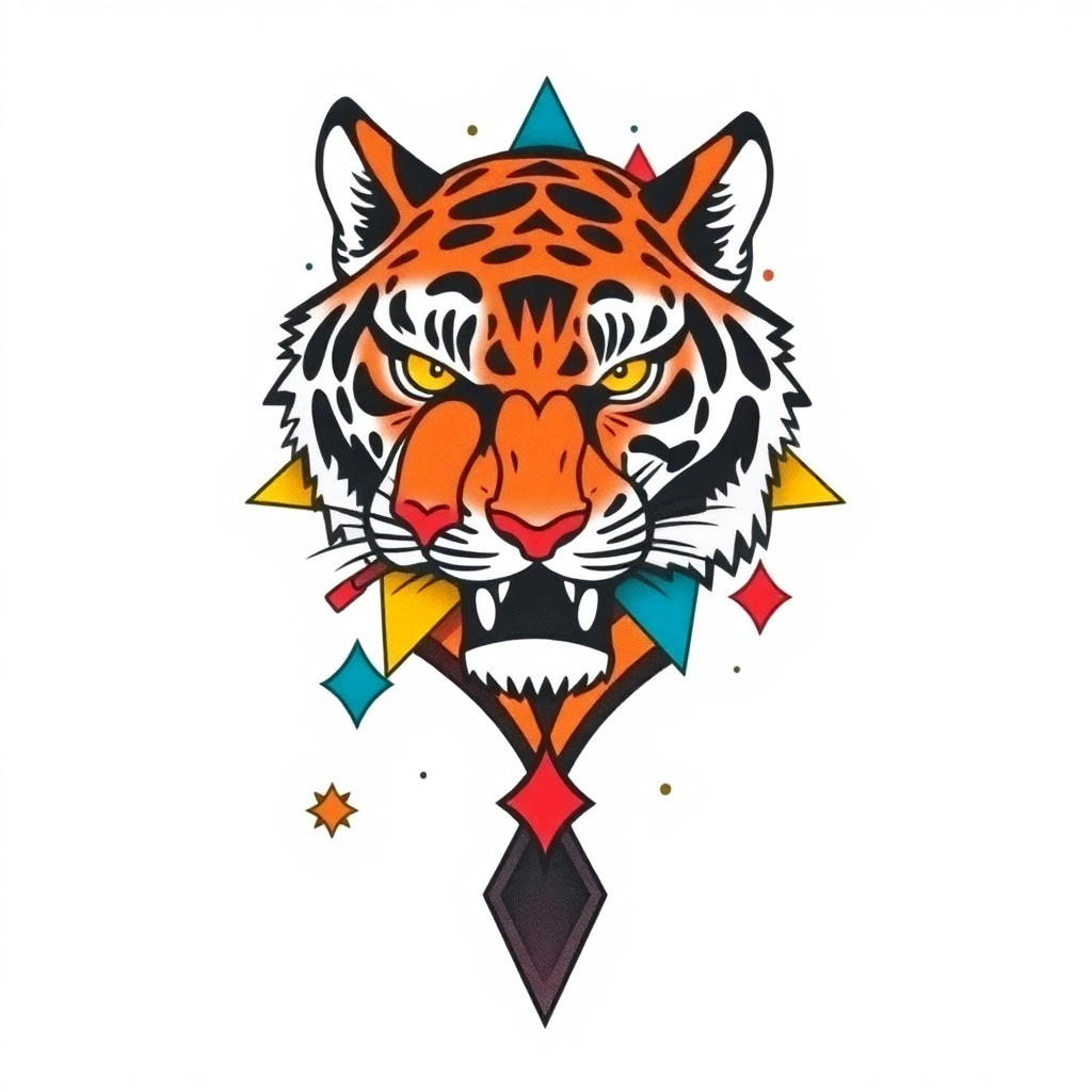 Modern Japanese tiger tattoo with colorful geometric shapes, medium size, on solid white background
