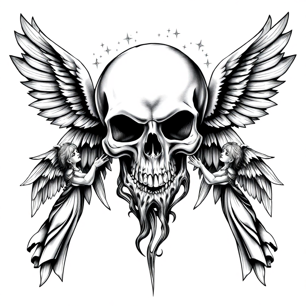 Intricate black and grey lost soul tattoo design featuring a skull entwined with ethereal angels and flowing robes on a white background.