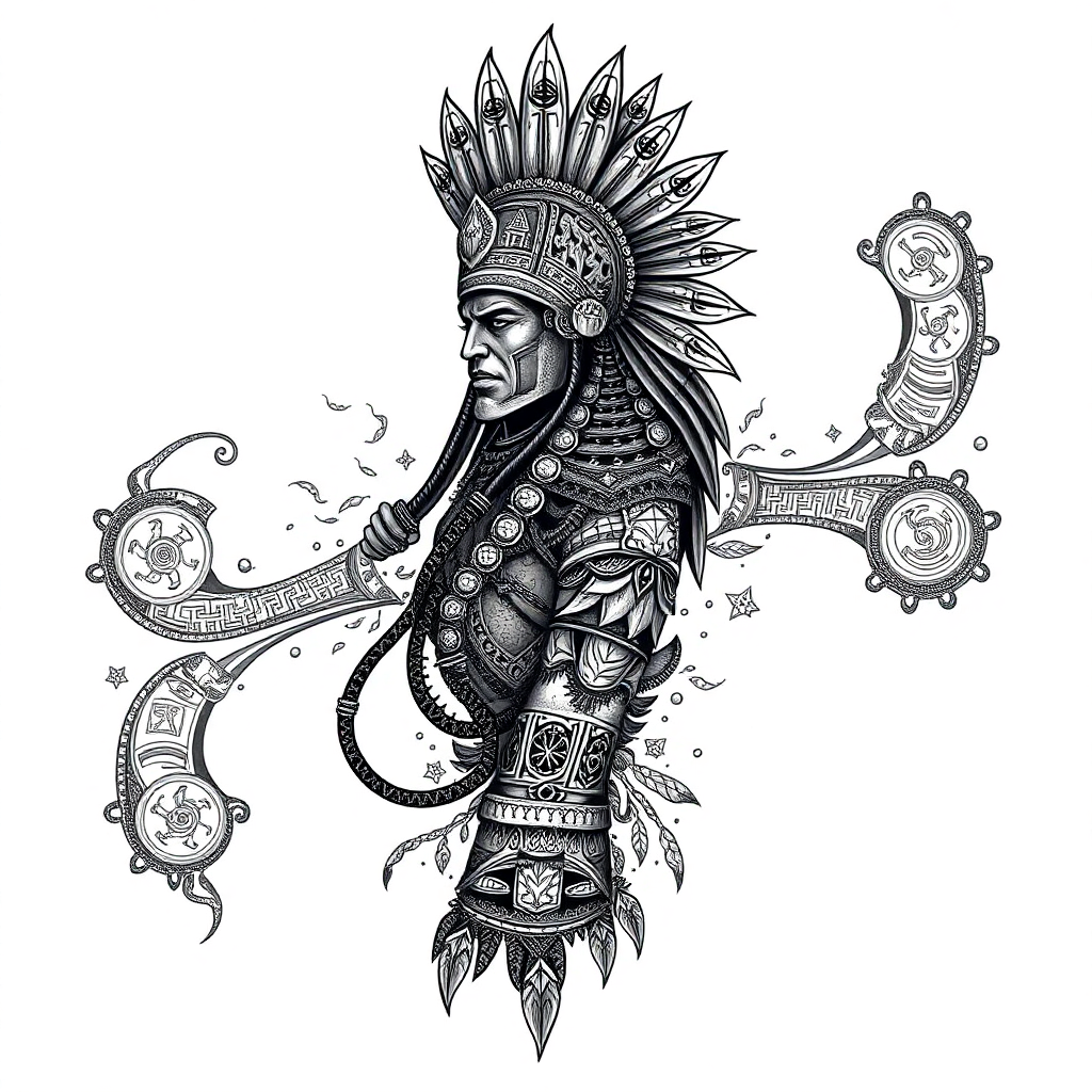 Intricate Mayan warrior sleeve tattoo design featuring detailed warrior armor, headdress, and glyphs on a white background.