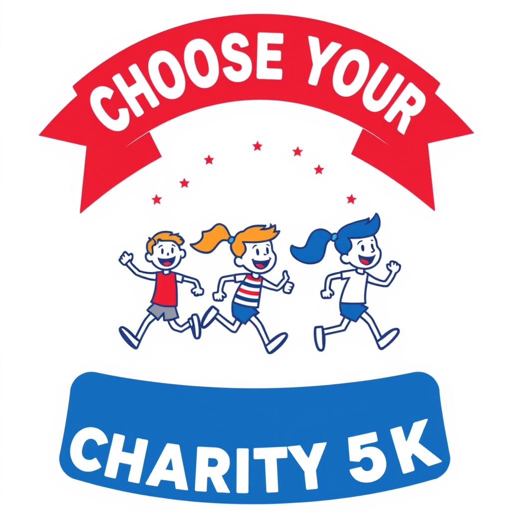 Cheerful cartoon characters in red, white, and blue run for the "Choose Your Charity 5k" logo on a solid white background.