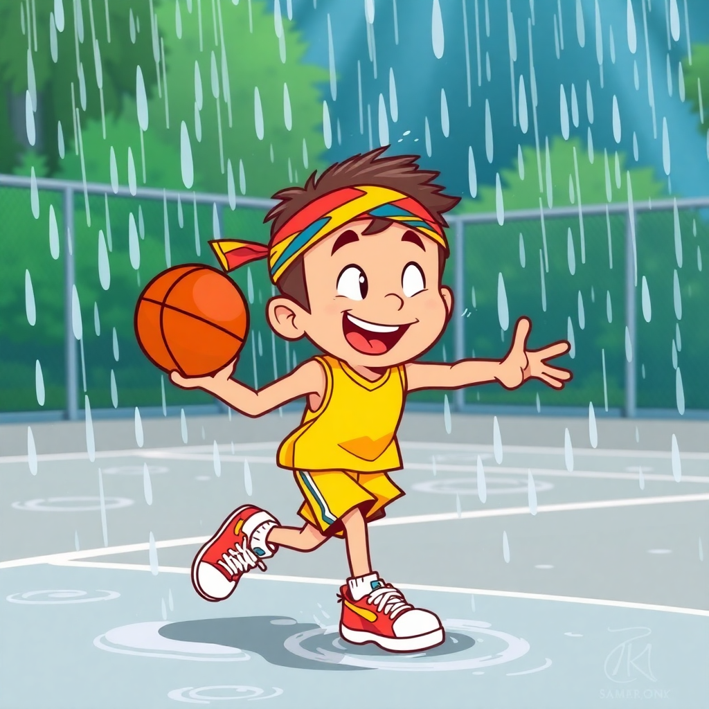 Slam Dunk Sam, a colorful cartoon athlete, joyfully dribbles a basketball in the rain on a wet court, showcasing his playful spirit.