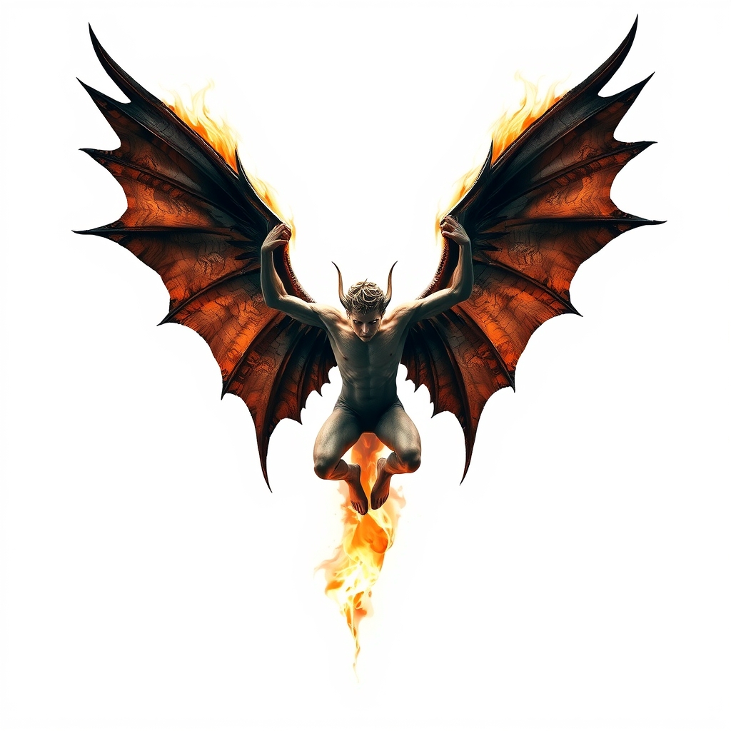 Lucifer falling with dramatic wings spread, surrounded by ethereal flames, symbolizes rebellion and freedom in tattoo art.