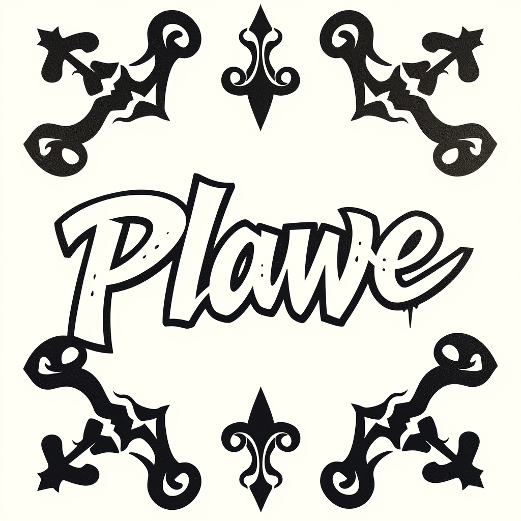 Chicano style graffiti tattoo design featuring bold black and white "Plawe" letters on a solid white background.