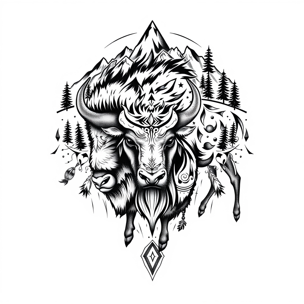 Intricate tribal fusion tattoo design featuring a bison, mountains, and trees on a solid white background.