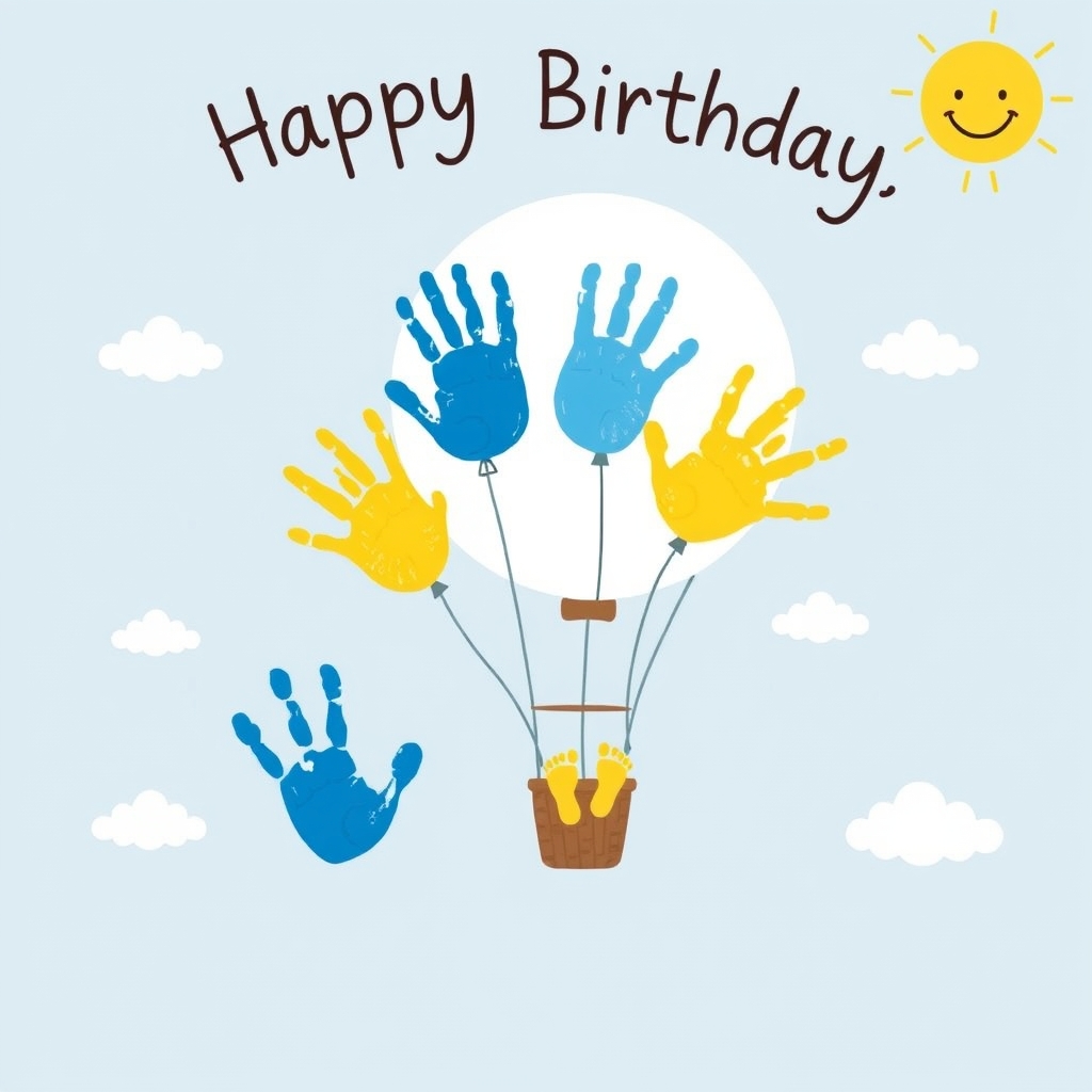 Cheerful birthday artwork featuring a baby's handprints as balloons and footprints as a hot air balloon basket in a sunny sky.