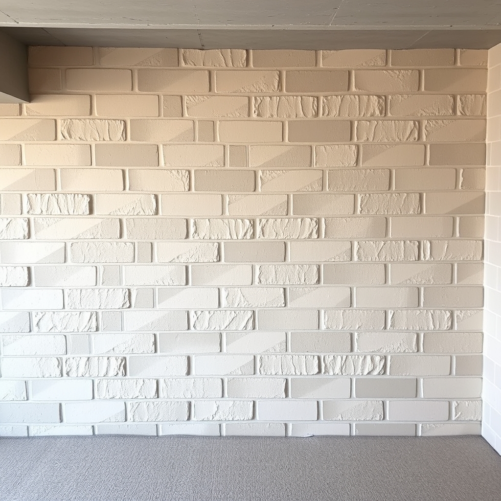 Neutral-painted cinder block wall in a basement, featuring modern geometric patterns in soft beige, taupe, and light gray hues.