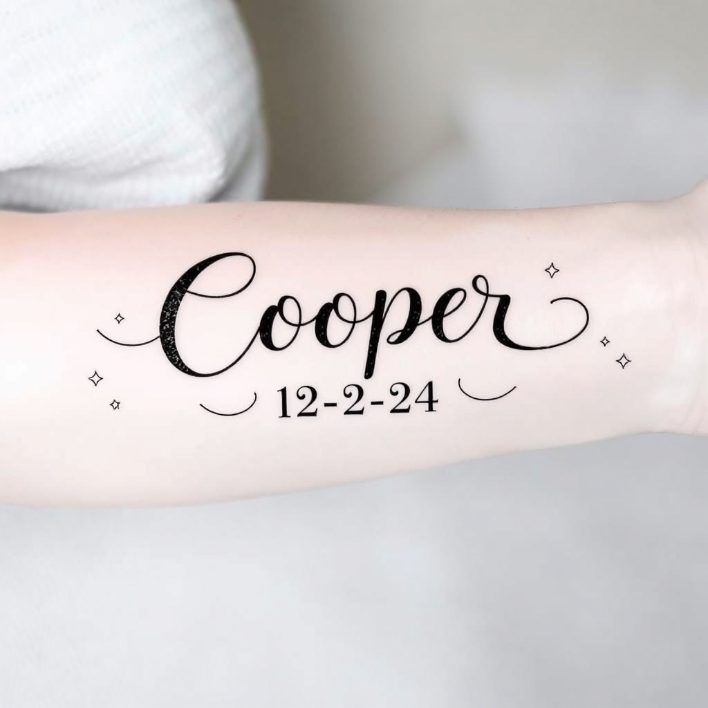 Elegant half sleeve tattoo featuring "Cooper," birth date "12-2-24," baby footprints, stars, and clouds, celebrating a baby boy.