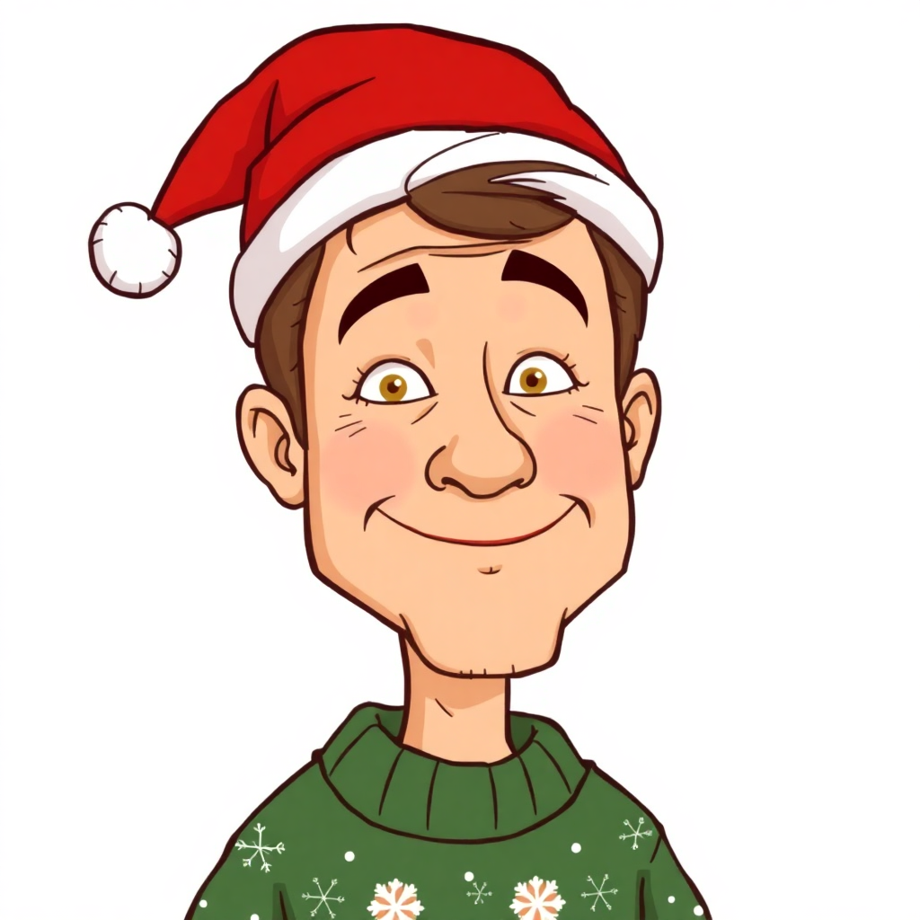 A cartoon-style caricature with natural face features, featuring a Santa hat and a Christmas sweater.
