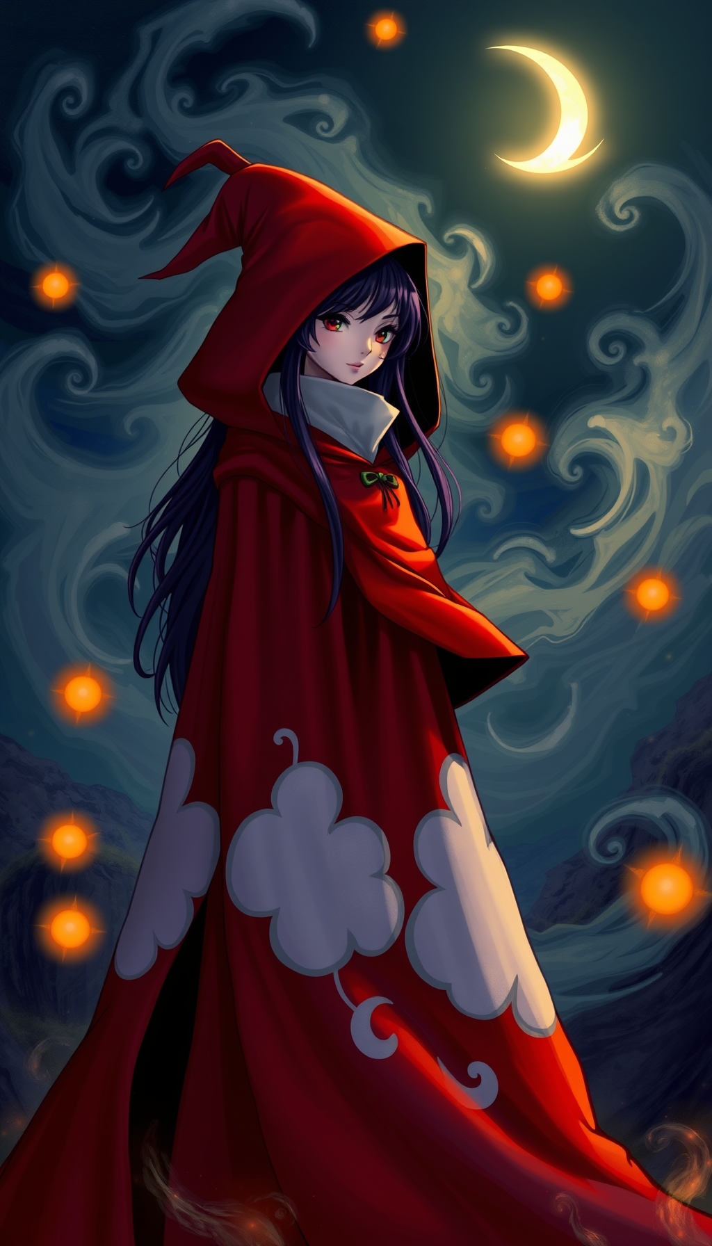 A witch with long dark purple hair in a red cloak stands in swirling mist, illuminated by a crescent moon, perfect for witchy phone wallpaper.