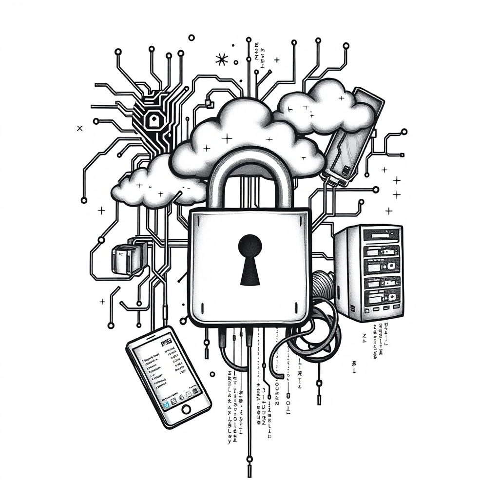 Cyber realism tattoo design featuring a lock, circuit board, cloud, computer, and code snippets on a white background.