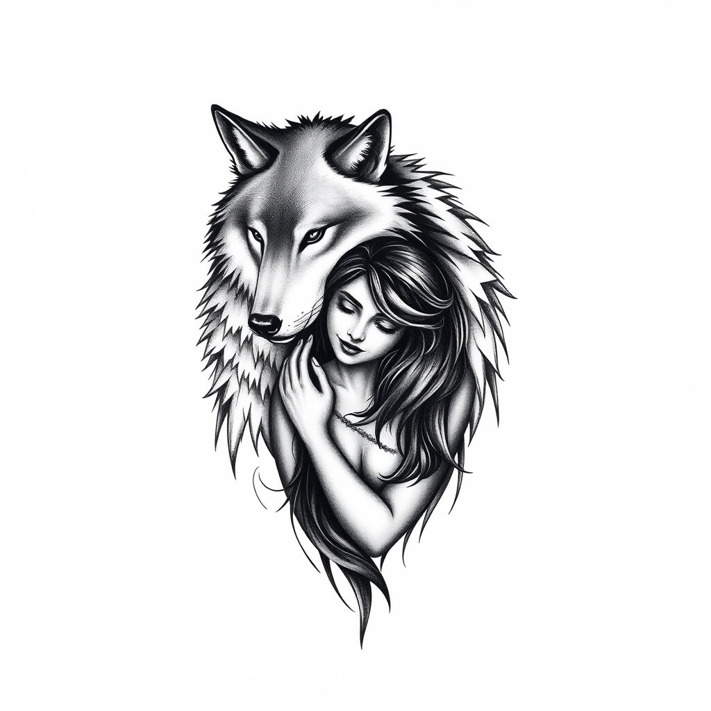 Realistic black and white wolf tattoo with a wolf gently hugging a woman, on a solid white background. 