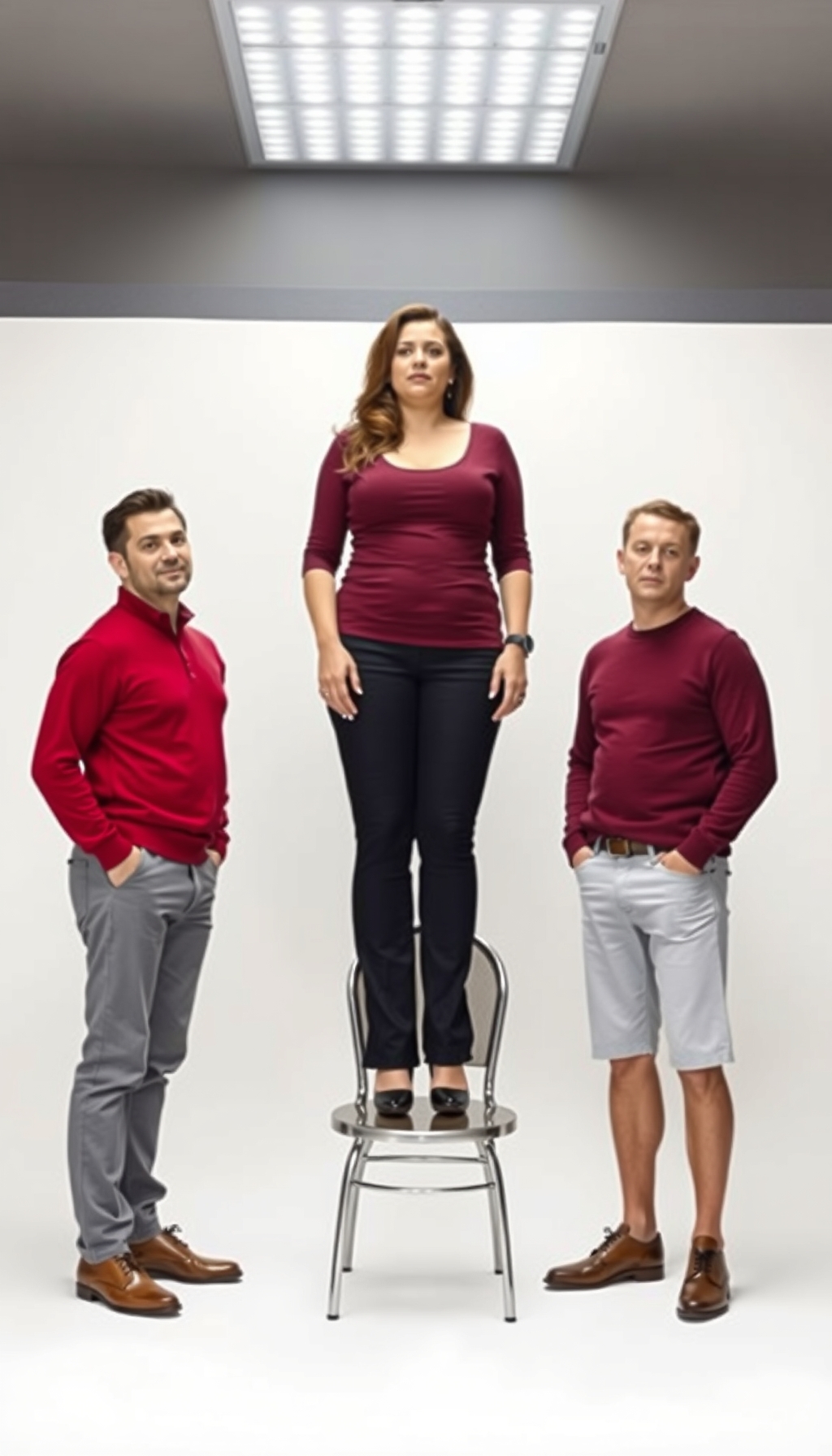 Very tall woman in high heels standing on a chair with two shorter men, showcasing height differences against a neutral backdrop.