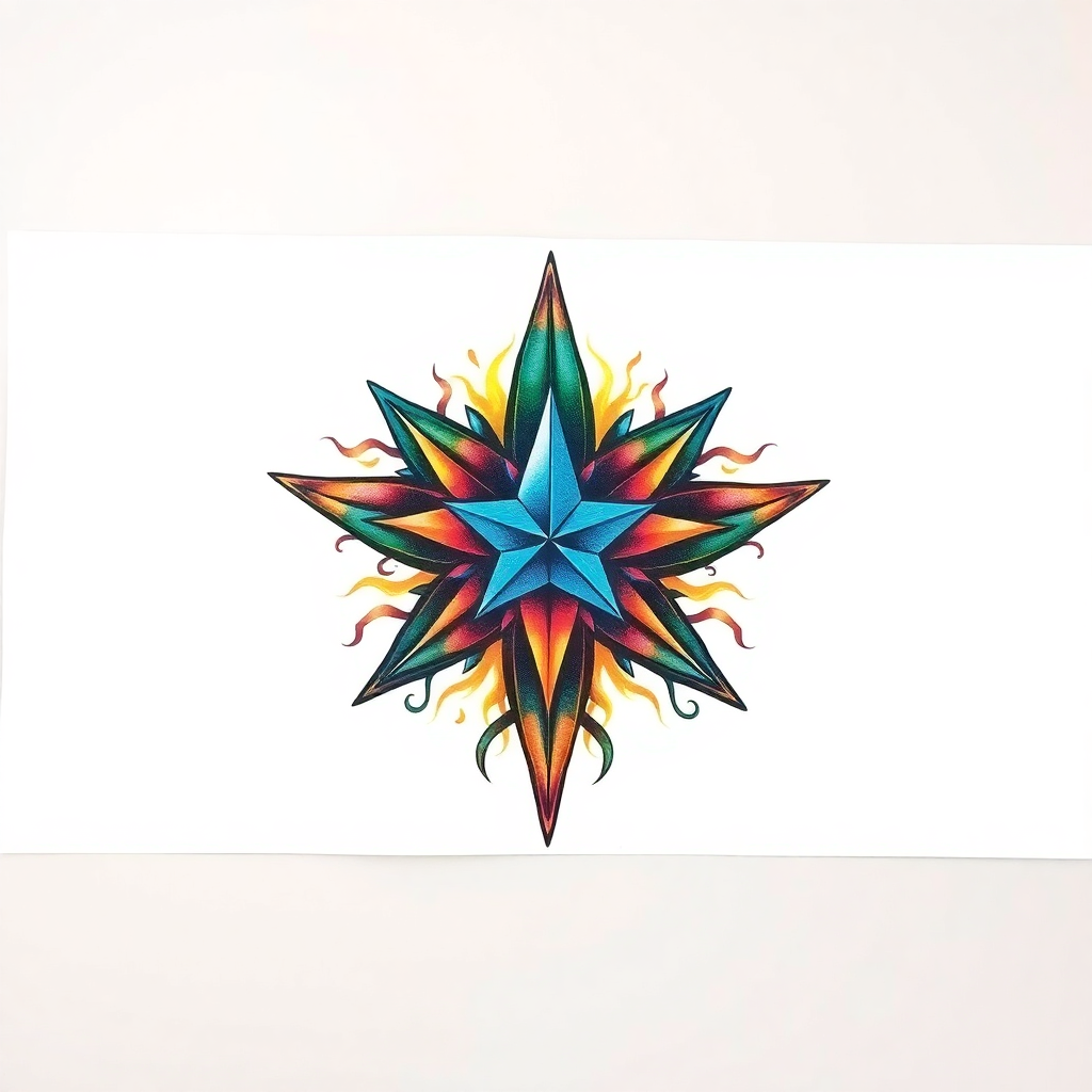 Colorful realistic Lone Star tattoo with intricate details and vibrant colors, large size, on solid white background
