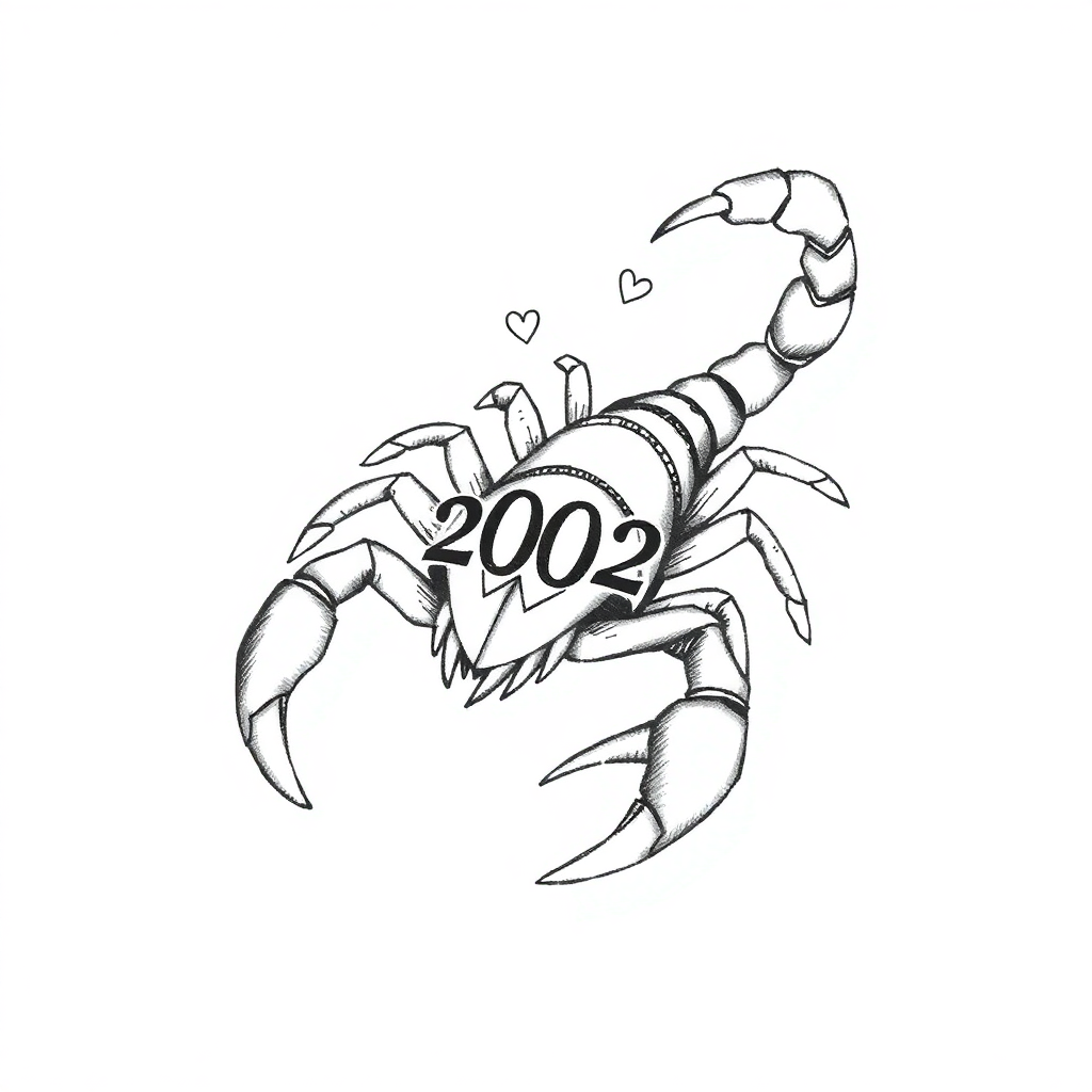 Medium-sized scorpion tattoo sketch with hearts and the number "2002" on a solid white background, ideal for tattoo inspiration.
