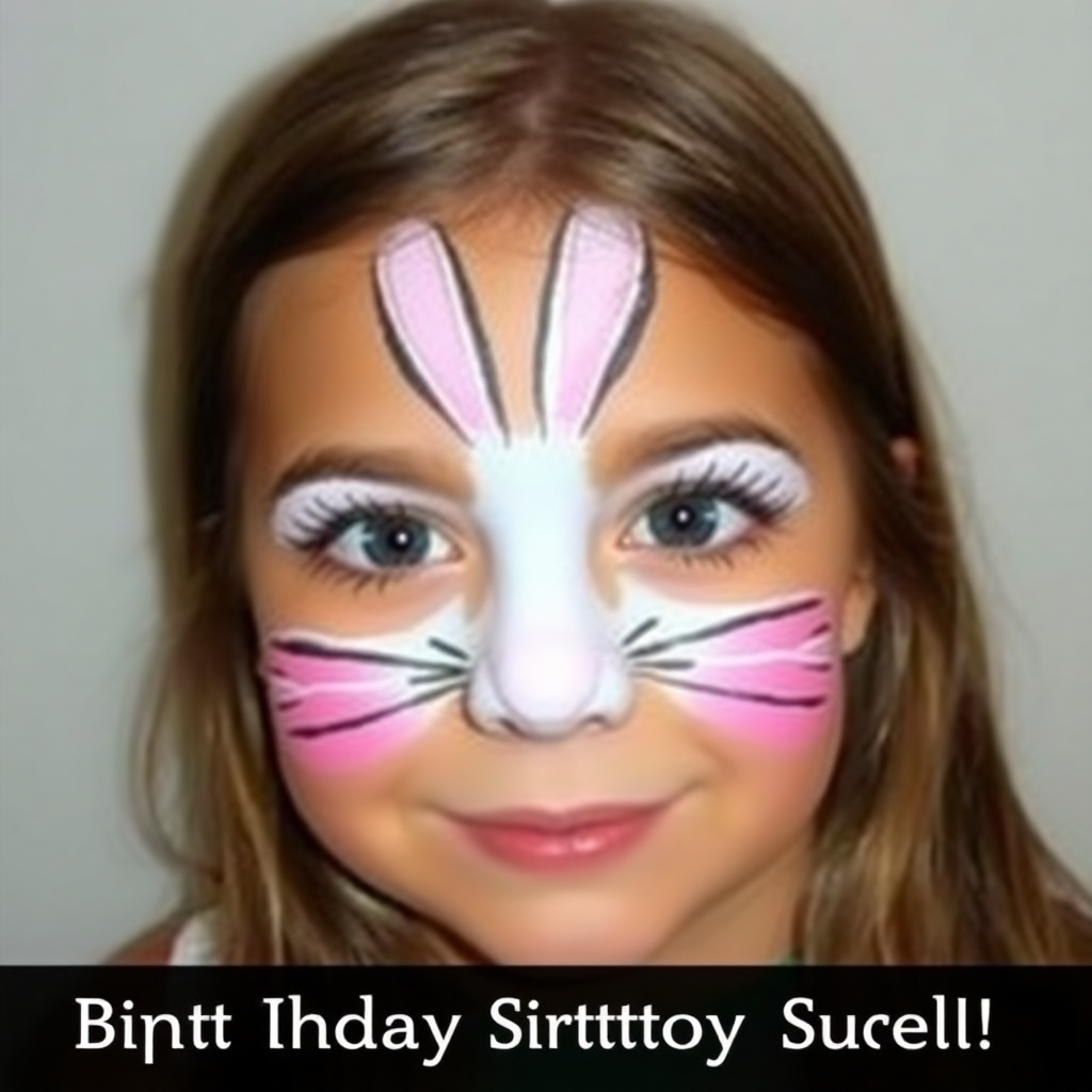 Cute bunny face paint design featuring a white nose, pink cheeks, and playful eyes, perfect for children's birthday parties.