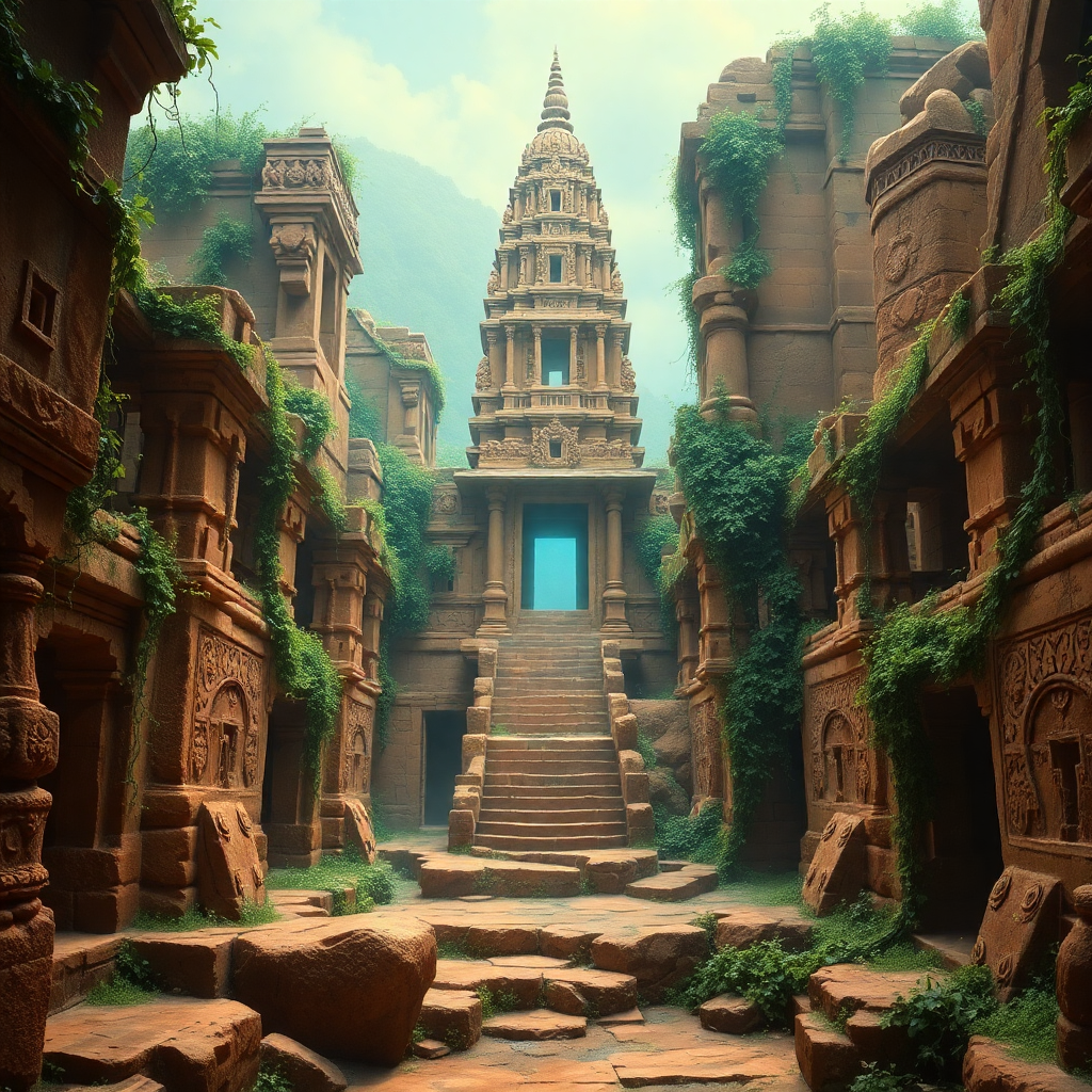 Mystical ancient Indian city ruins with crumbling sandstone buildings, a glowing temple, and lush vines, perfect for an ancient ruin game generator.