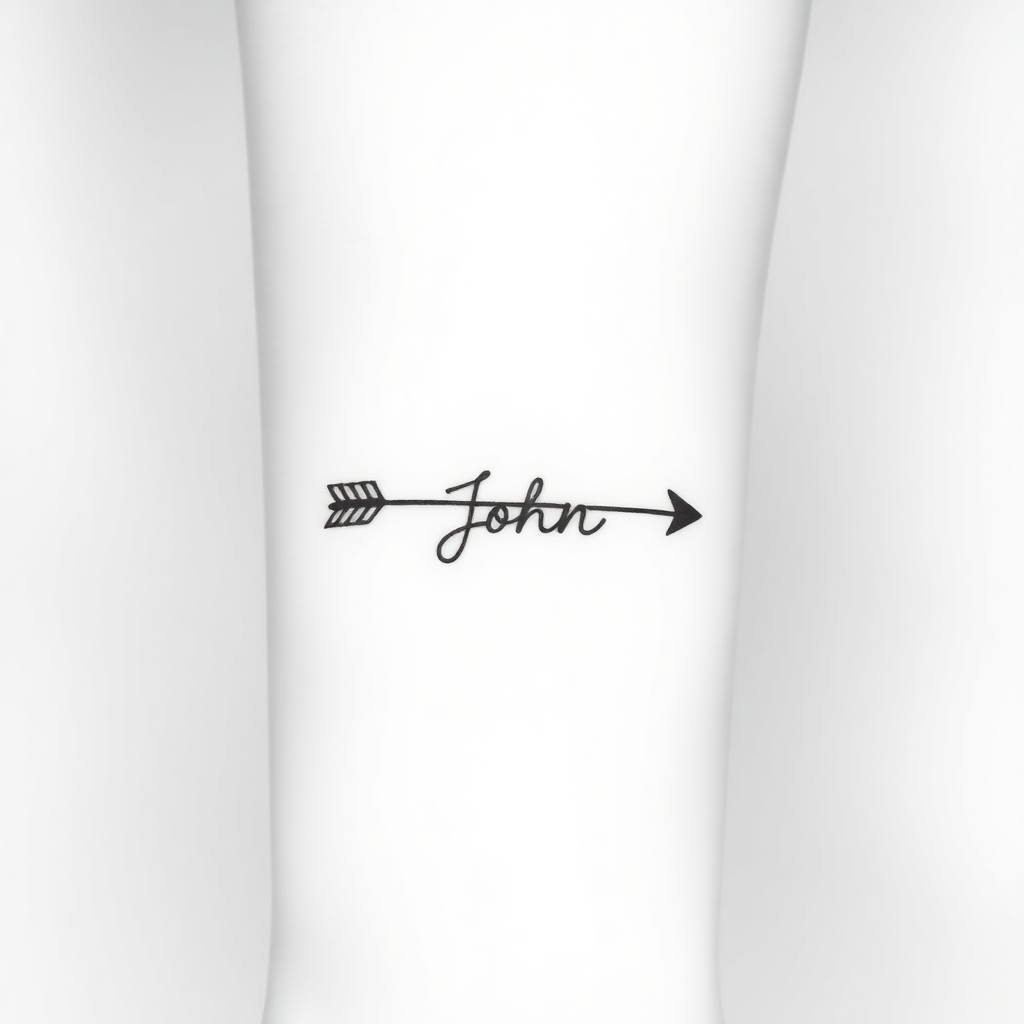 Minimalist black and white arrow tattoo with the name "John" in a small size on a solid white background
