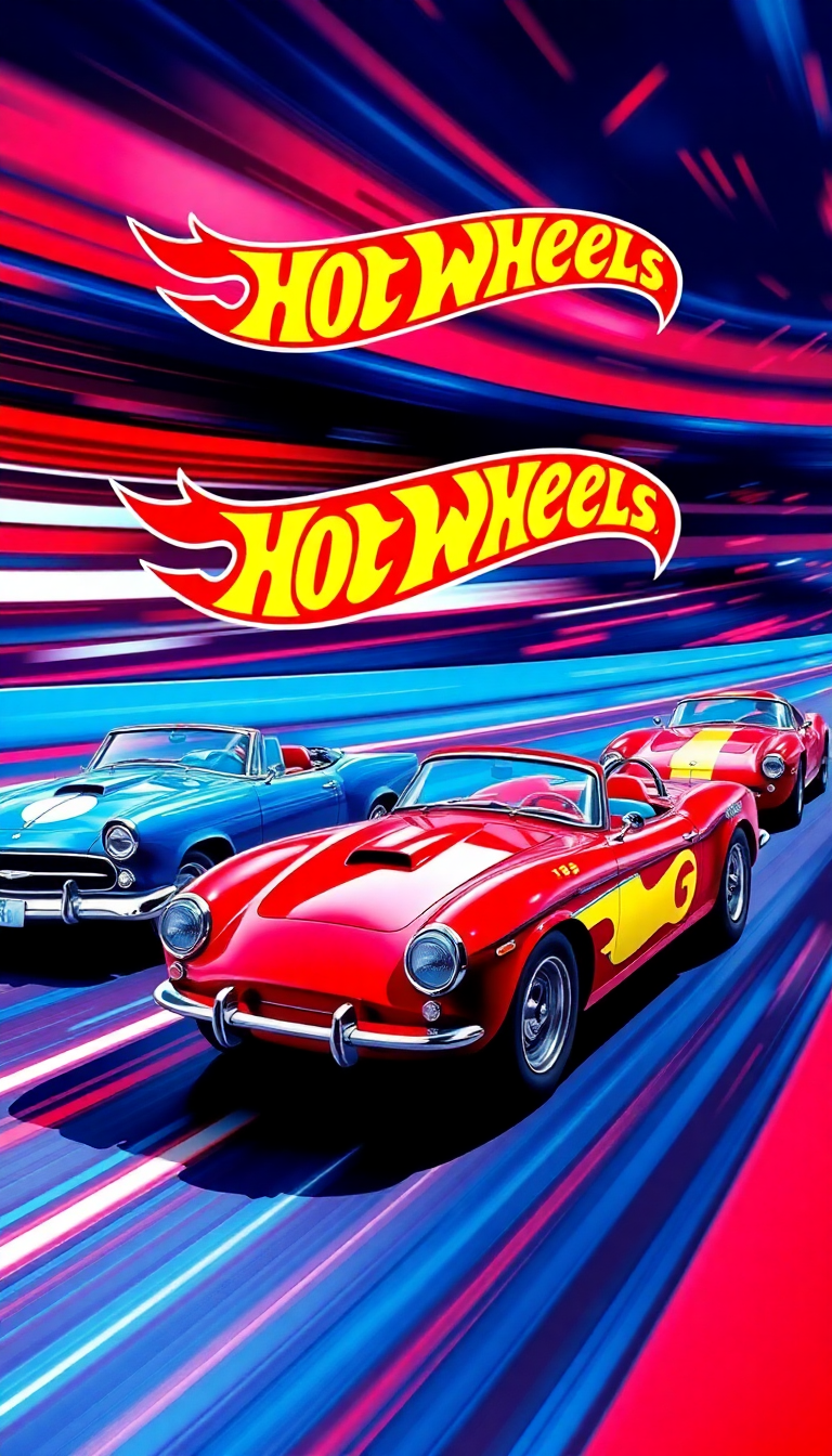 Vibrant Hot Wheels cars race on a dynamic track, featuring iconic logos, perfect for a high-resolution hot wheels background.