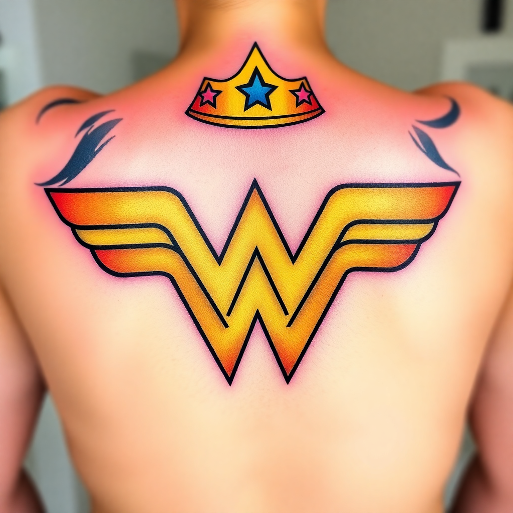 Vibrant Wonder Woman logo tattoo design featuring the iconic tiara, perfect for back placement, showcasing strength and femininity.