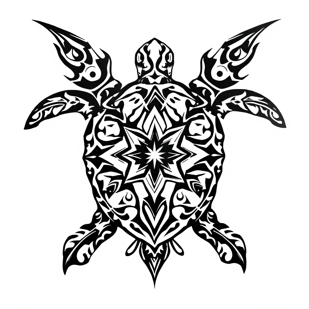 Medium-sized tribal fusion turtle tattoo design with intricate geometric patterns in black and white on a white background.